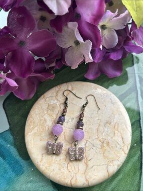 Handmade Lavender Beaded Butterfly Drop Earrings - Handmade